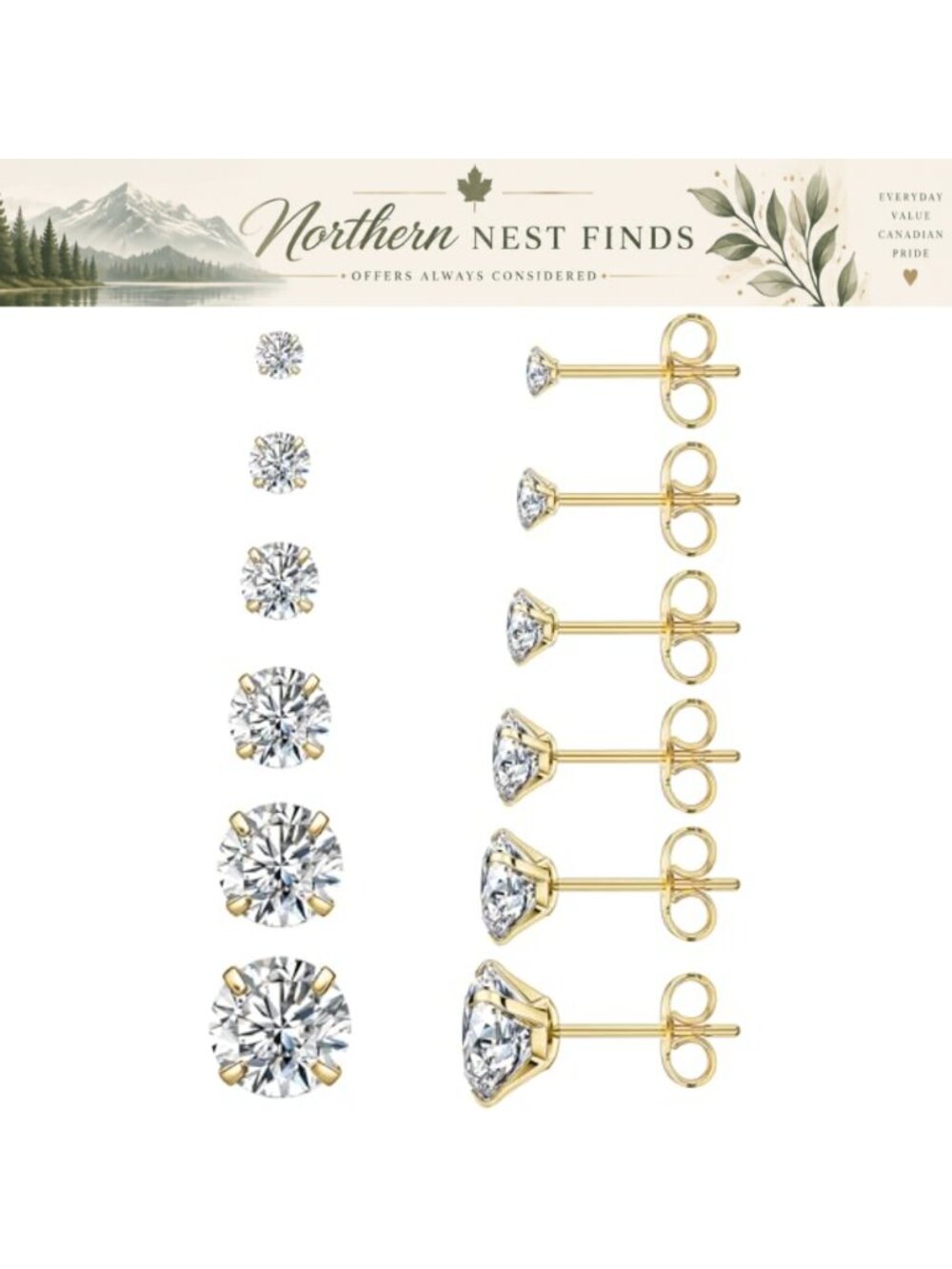 6 Pairs Cubic Zirconia Stud Earrings Set 316L Stainless Steel